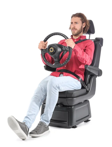 Stressed Man Car Seat Steering Wheel Isolated White — Stock Photo, Image