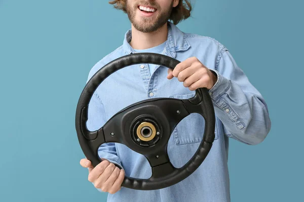 Handsome Man Steering Wheel Blue Background — Stock Photo, Image