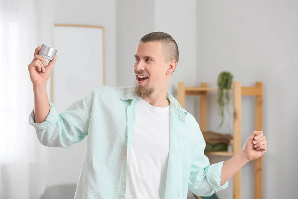 Emotional Man Holding Wireless Portable Speaker Dancing Room — Stock Photo, Image