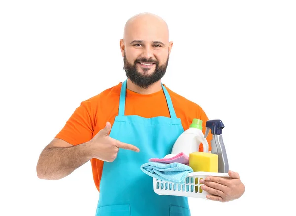 Bald Man Cleaning Supplies Isolated White — Stock Photo, Image