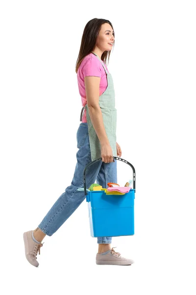 Young Woman Cleaning Supplies Isolated White — Stock Photo, Image