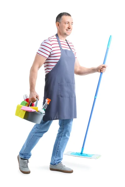 Mature Worker Cleaning Service Supplies White Background — Stock Photo, Image