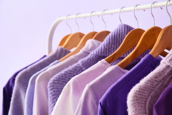 Rack Clothes Purple Shades Lilac Background Closeup — Stock Photo, Image