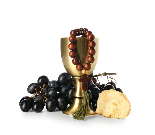 Cup Wine Grapes Bread Rosary White Background — Stock Photo, Image