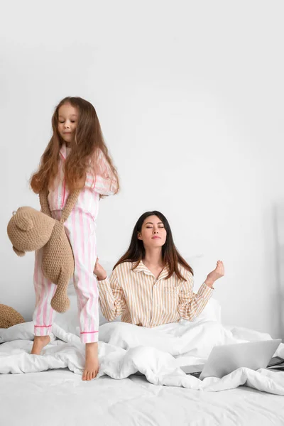 Meditating Young Woman Naughty Daughter Bedroom — Stock Photo, Image