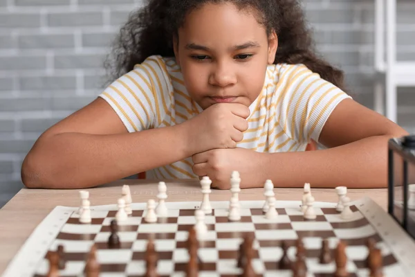 Little African American Girl Playing Chess Tournament Club — Stock Photo, Image