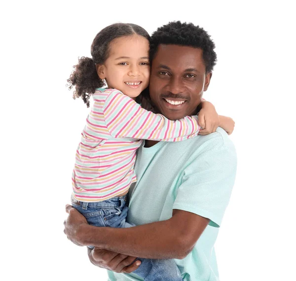 Retrato Hombre Afroamericano Feliz Hija Pequeña Sobre Fondo Blanco —  Fotos de Stock