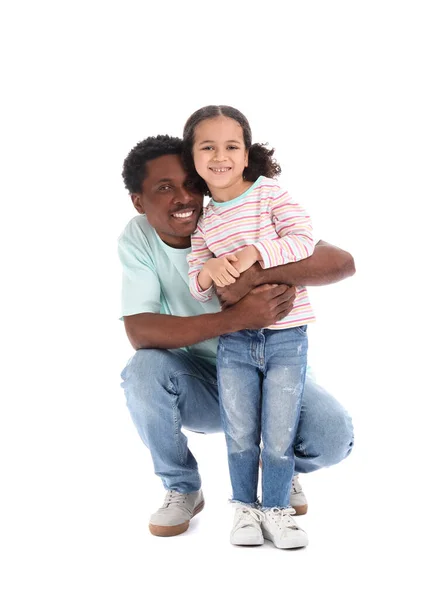 Portrait Happy African American Man His Little Daughter White Background — Stock Photo, Image