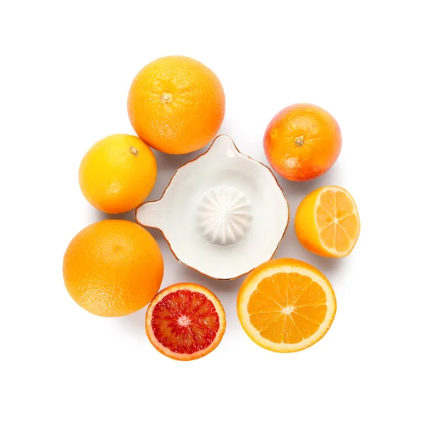 Ceramic Juicer Citrus Fruits White Background — Stock Photo, Image