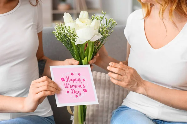Young Woman Greeting Her Mother International Women Day Home — Stock Photo, Image