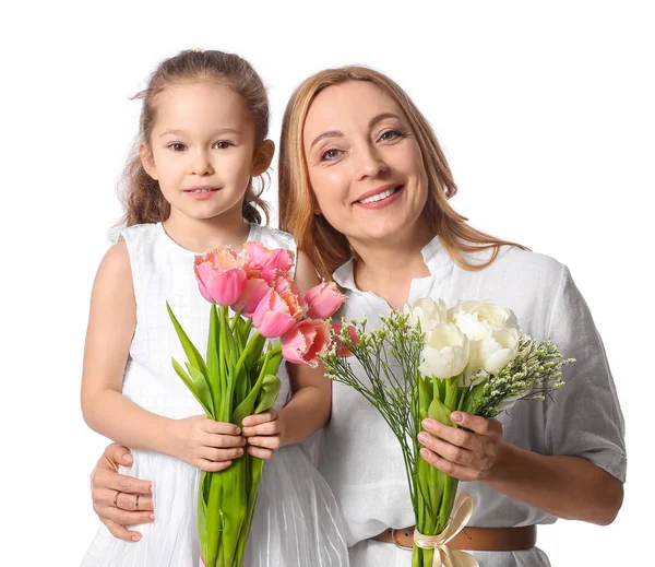 Mujer Madura Nieta Con Flores Día Internacional Mujer Sobre Fondo — Foto de Stock