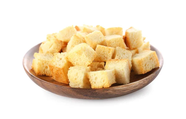 Placa Madeira Com Croutons Crocantes Isolados Branco — Fotografia de Stock