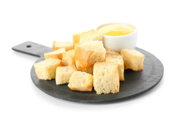 Board Crunchy Croutons Sauce Isolated White — Stock Photo, Image