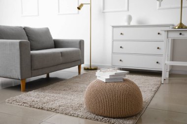 Oturma odasının içinde kitap ve gözlüklü bej bir puf.