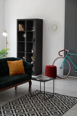 Kanepesi, raf ünitesi ve bisikleti olan modern şık bir oda.