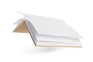 Beyaz arkaplan üzerine boş sayfaları olan uçan kitap
