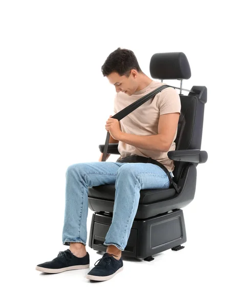 Young Man Fastening Car Seat White Background — Stock Photo, Image