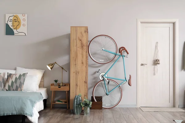 Interior Modern Bedroom Stylish Furniture Bicycle — Stock Photo, Image