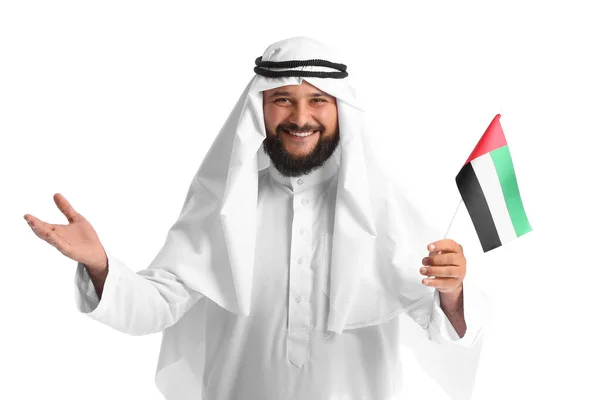 Hombre Con Ropa Tradicional Con Bandera Nacional Los Emiratos Árabes — Foto de Stock