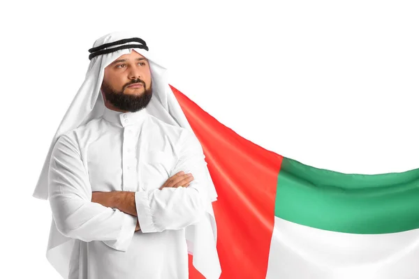 Férfi Hagyományos Ruhában Egyesült Arab Emírségek Nemzeti Zászlajával Fehér Alapon — Stock Fotó