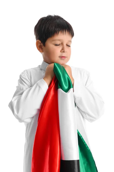 Roztomilý Chlapeček Národní Vlajkou Sae Bílém Pozadí — Stock fotografie