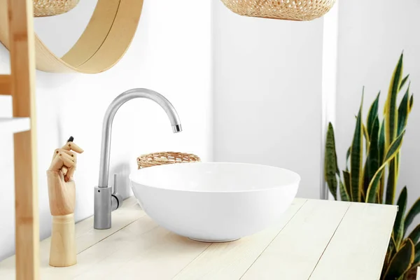 Table Sink Wooden Hand Light Wall Bathroom — 图库照片