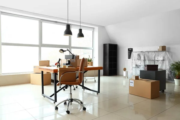 Cardboard Boxes Belongings Furniture Interior Office Moving Day — Stock Photo, Image