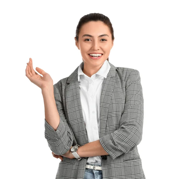 Mooie Zakenvrouw Grijze Jas Witte Achtergrond — Stockfoto