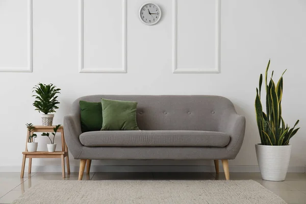 靠近轻墙的灰色沙发和带有室内植物的台阶凳子 — 图库照片