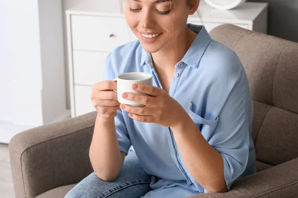Young Woman Cup Tasty Coffee Sitting Armchair Home Closeup — Stock Photo, Image