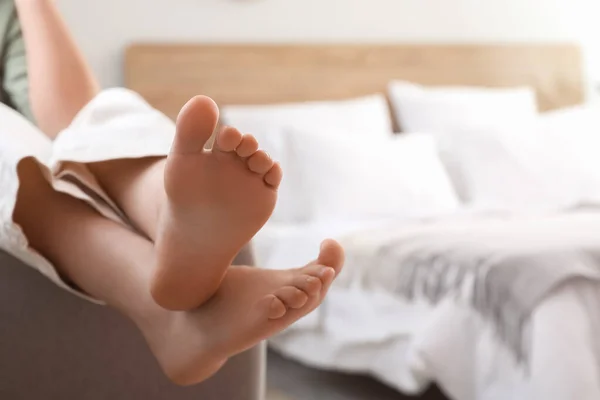 Bare Feet Young Woman Sitting Armchair Home Closeup — Stock Photo, Image