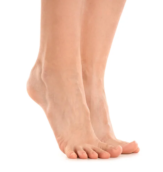 Weibliche Nackte Füße Auf Weißem Hintergrund Nahaufnahme — Stockfoto