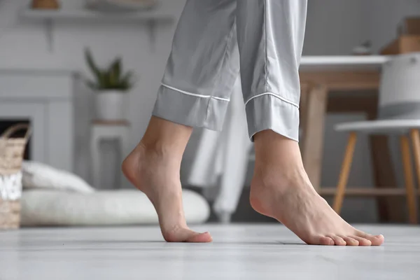 Barefoot Woman Pajamas Home Closeup — Stock Photo, Image