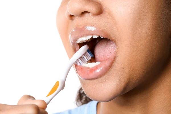 African American Teenage Girl Brushing Teeth White Background Closeup — Stock Photo, Image