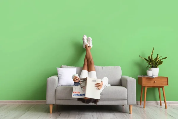 African American Teenage Girl Magazine Relaxing Sofa Home — Stock Photo, Image