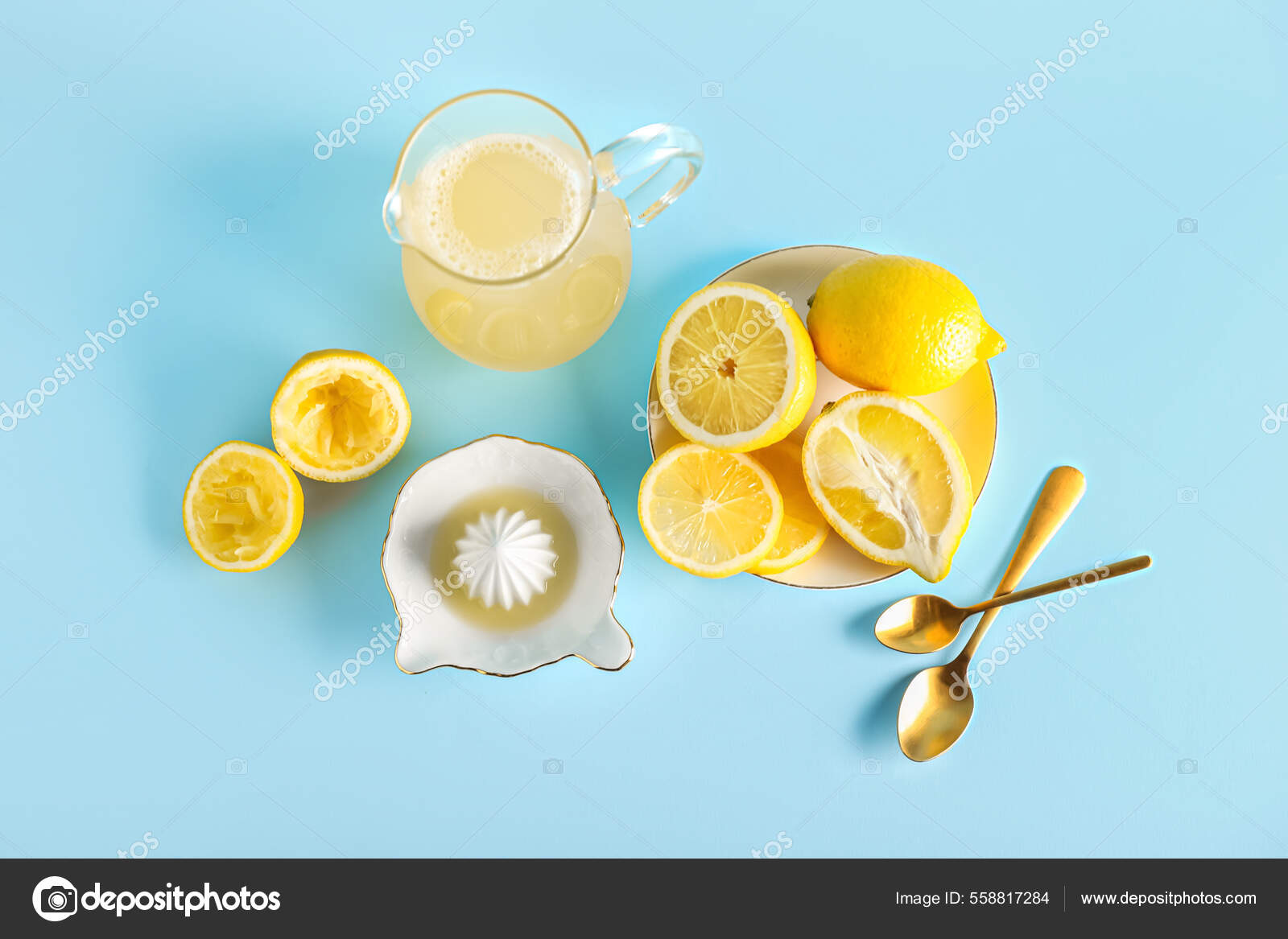 Composition Ripe Lemons Juicer Jug Juice Color Background Stock Photo