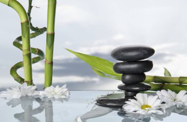 Spa taşları, bambu ve sudaki çiçekler bulutlu gökyüzüne karşı
