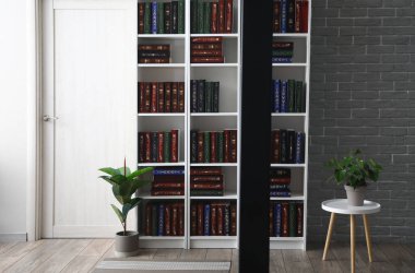 Ev kütüphanesinde kitapları olan raf ünitesi