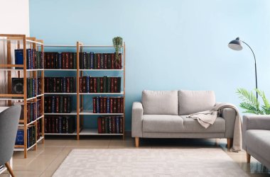 Rahat kanepe, lamba ve kitaplarla dolu raf ünitesi.