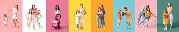 Collage Mit Müttern Und Töchtern Vor Buntem Hintergrund — Stockfoto