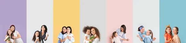 一组背景五彩斑斓的母亲和女儿 — 图库照片