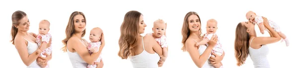 Set Von Mutter Mit Niedlichem Baby Isoliert Auf Weiß — Stockfoto