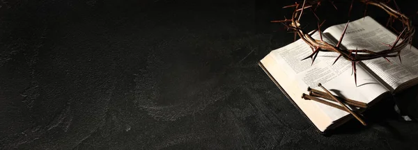 荆棘冠冕 圣经和钉子在黑暗的背景 与文字的空间 — 图库照片