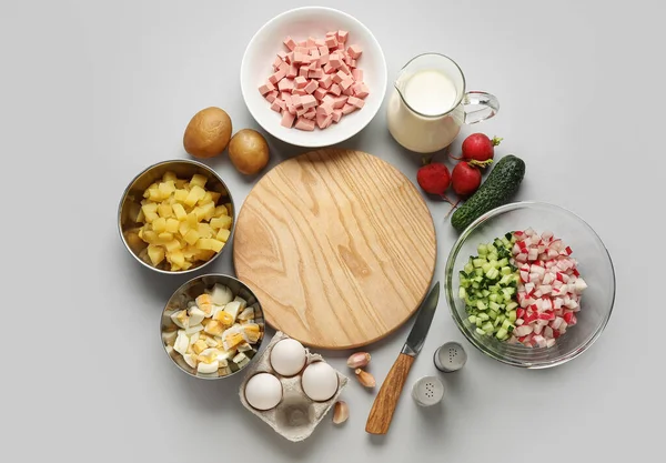 Ingredients Preparing Tasty Okroshka Grey Background — Stock Photo, Image