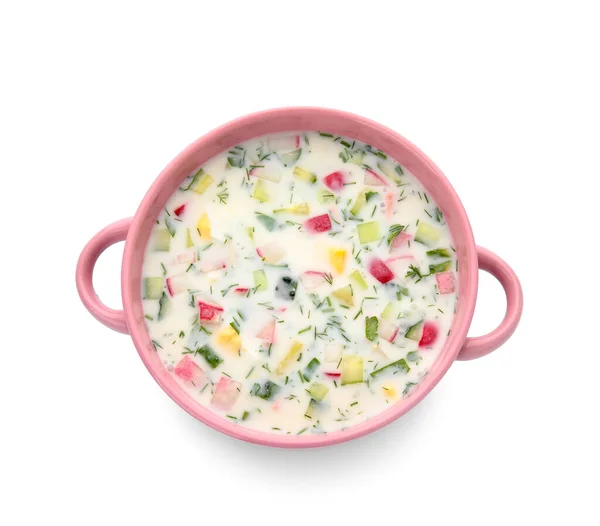 Cooking Pot Tasty Okroshka White Background — Stock Photo, Image