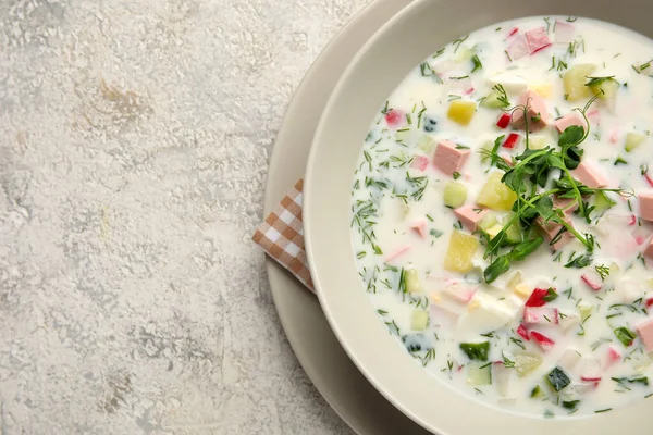 Plate Tasty Okroshka Light Background Closeup — Stock Photo, Image