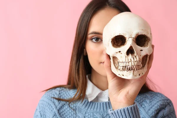Young Woman Human Skull Color Background — Stock Photo, Image