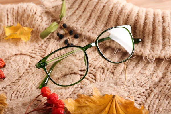Eyeglasses Natural Forest Decor Knitted Sweater Closeup — Stock Photo, Image