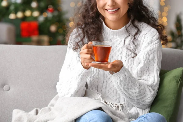 Beautiful Woman Drinking Tea Home Christmas Eve — Stock Photo, Image