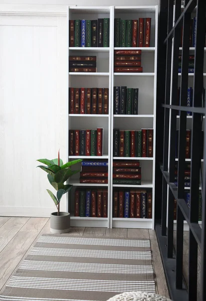 Ev kütüphanesinde kitapları olan raf ünitesi